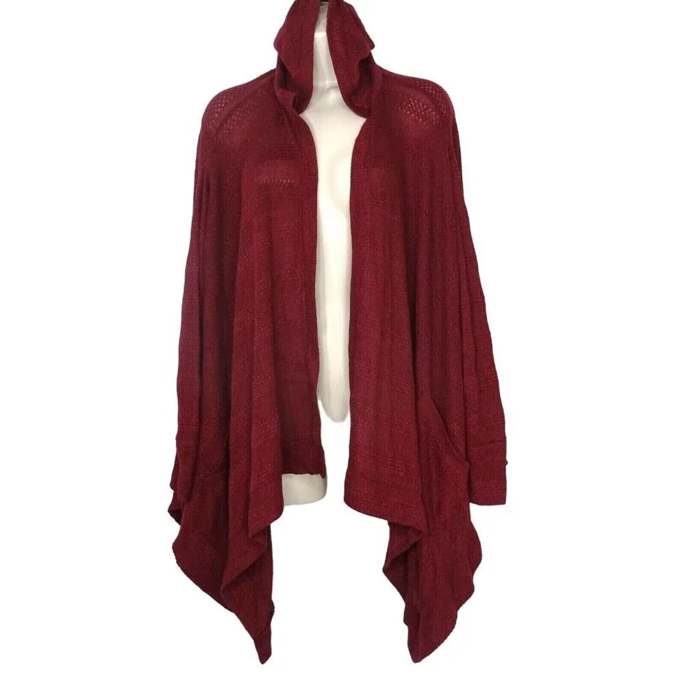 American Eagle Outfitters Hooded Open Cardigan Sweater Size S Red Asymmetric